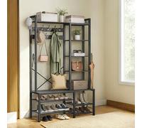 VASAGLE Hall Tree with Bench and Shoe Storage, Hallway Coat Rack with Shoe Bench and 5 Storage Shelves, 9 Coat Hooks and 6 Side Hooks, 140 x 120 x 190 cm, Stone Grey and Ink Black HSR426B04