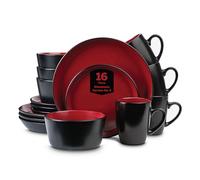 Stone Lain Albie Stoneware 16-Piece Modern Dinnerware Set, Kitchen Plates and Bowls Sets, Dish Set for 4, Red and Black