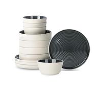 Stone Lain Elica 12-Piece Modern Dinnerware Set Stoneware, Plates and Bowl Sets for 4, Black and Beige
