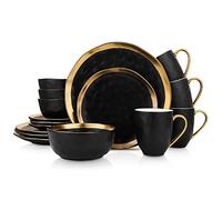 Stone Lain Florian Modern Porcelain 16 Piece Dinnerware Set, Plates and Bowls Set, Dish Set for 4, Black and Golden Rim