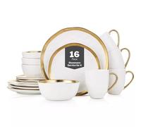 Stone Lain Modern Poreclain 16 Piece Dinnerware Set, Plates and Bowls Set, Dish Set for 4, White and Golden Rim
