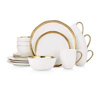 Stone Lain Modern Poreclain 16 Piece Dinnerware Set, Plates and Bowls Set, Dish Set for 4, White and Golden Rim