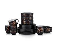 Stone Lain Porcelain 16 Piece Dinnerware Set, 4 Full Black Gold Splash Sets