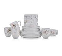 Stone Lain Porcelain 16 Piece Dinnerware Set, 4 Full White Gold Splash Sets