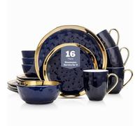 Stone Lain Porcelain 16 Piece Dinnerware Set, Service for 4, Blue and Golden Rim, Dark Blue