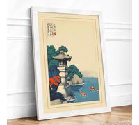 Stone Lantern at Water's Edge Japandi Framed Wall Art Print A2 (59.4×42cm) White, Wall Decor for Living Room, Bedroom, Office & Home, Ready to Hang, Art Gift