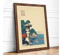 Stone Lantern at Water's Edge Japandi Framed Wall Art Print A4 (29.7×21cm) Walnut, Wall Decor for Living Room, Bedroom, Office & Home, Ready to Hang, Art Gift