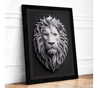 Stone Lion Head Classical Framed Wall Art Print A2 Black