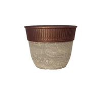 Stone Look Plastic Plant Pot - Large Round Outdoor Garden Planter with Modern Copper Rim Design, Drainage Hole, Weatherproof - Indoor & Outdoor Flower Pot for Plants, Ceramic White (38cm, Pack 1)