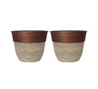 Stone Look Plastic Plant Pot - Large Round Outdoor Garden Planter with Modern Copper Rim Design, Drainage Hole, Weatherproof - Indoor & Outdoor Flower Pot for Plants, Ceramic White (38cm, Pack 2)