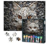 Stone Mosaic Cat Puzzles for Adults 1000 Piece 27.5"X19.7" Creative Feline Rock Texture Jigsaw Puzzle Unique Animal Portrait Mindful Game Textured Grey Earth Tone Wall Art Decor