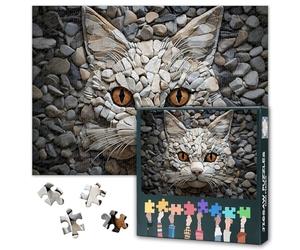 Stone Mosaic Cat Puzzles for Adults 1000 Piece 27.5"X19.7" Creative Feline Rock Texture Jigsaw Puzzle Unique Animal Portrait Mindful Game Textured Grey Earth Tone Wall Art Decor