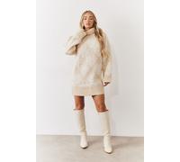 Stone Pearl Embellished Stone Roll Neck Fairisle Knitted Jumper Dress In The Style Beige 6-8