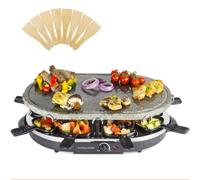 Andrew James Electric Raclette Hotplate Party Non Stick Grill Machine, Oval Stone Hot Plate Cooks Evenly and Retains Heat, 8 Fondue Cheese Pans and Wooden Spatulas Set, 1200W, Thermostat Control