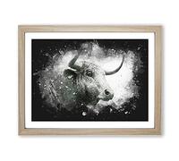 Stone Statue Of A Bull Paint Splash Modern Art Framed Wall Art Print, Ready to Hang Picture for Living Room Bedroom Home Office Décor, Oak A3 (46 x 34 cm)