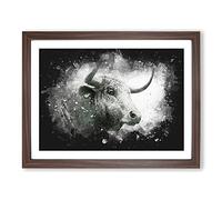 Stone Statue Of A Bull Paint Splash Modern Art Framed Wall Art Print, Ready to Hang Picture for Living Room Bedroom Home Office Décor, Walnut A2 (64 x 46 cm)