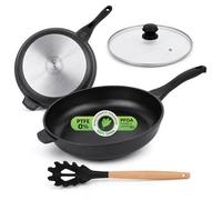 Stone&Stone 32 cm Non-Stick Induction Frying Pan, Large Frying Pan with Lid for Induction and Gas with German Ceramic Coating, Solid Steel Base, PFAS, PFOA and PTFE Free, Spoon with Hole Included