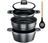 Stone&Stone Induction Steamer Set 24 cm | Kitchen Steamer + Grill Pan + 3-Tier Stacked Food Steamer + Tempered Glass Lid + Spoon, S&S RS1003