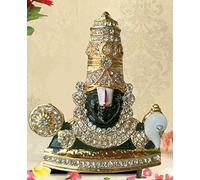 Stone Studded Gold Finish Lord Venkateswara Statue 3" X 3" inches Tirupati Balaji Idol for Car Dashboard Gift Temple Pooja Spiritual - 8 cm