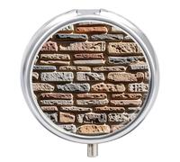 Stone Wall Metal Pill Organizer, 3 Compartment Waterproof Pill Case with Mirror for Purse Pocket Bag, Daily Medicine Vitamin Holder, Portable Travel Med Container(Round)
