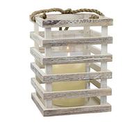 Stonebriar Large Worn White Wooden Beach House Candle Lantern with Rope Handle and Removable Glass Cylinder Hurricane