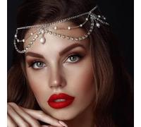 StoneFans Boho Layered Rhinestone Headpiece Jewelry for Women Prom Dress Pendant Pearl Head Chain Costume Forehead Accessory (Silver, One Size)