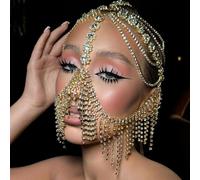 STONEFANS Layered Rhinestone Masquerade Mask for Women Belly Dance Crystal Tassel Face Mask Bohemian Headwear Chain Accessory (Gold)
