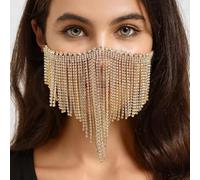 STONEFANS Tassel Rhinestone Masquerade Mask Fringe Mardi Gras Mask for Women Dance Crystal Half Face Veil Chain Costume Accessory (Gold)