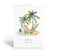 Stonehouse Collection Tropical Note Card, Palm Trees, Surfboard & Guitar, High Tides Good Vibes Beach Scene, Blank Inside - Made in the USA (At the Beach)