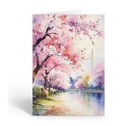 Stonehouse Collection Washington DC Cherry Blossom Note Card, Single Card with Envelope, Blank Inside, Washington Monument Spring Park Scene -Made in USA (Washington D.C.)