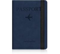 StoneMaxi RFID Blocking Passport Holder Travel Wallet PU Leather British Passport Cover with Card Cash Slots Waterproof Travel Document Case for Men Women (Strap - Navy Blue)