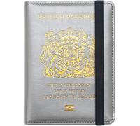 StoneMaxi UK British Passport Holder PU Leather Travel Wallet with Gold Embossed Design (Grey-Strap)
