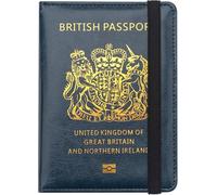StoneMaxi UK British Passport Holder PU Leather Travel Wallet with Gold Embossed Design (Navy Blue-Strap)