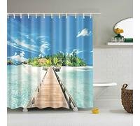 StoneMaxi Waterproof 180 x 180 Polyester Bathroom Shower Curtain Print Fabric With 12 Hooks, Multiple Designs Landscape with Anti-Mould Proof Resistant Machine Washable (Island)