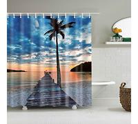 StoneMaxi Waterproof 180 x 180 Polyester Bathroom Shower Curtain Print Fabric With 12 Hooks, Multiple Designs Landscape with Anti-Mould Proof Resistant Machine Washable (Beach and Coconut Treet-5)