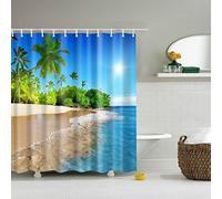 StoneMaxi Waterproof 180 x 180 Polyester Bathroom Shower Curtain Print Fabric With 12 Hooks, Multiple Designs Landscape with Anti-Mould Proof Resistant Machine Washable (Beach and Coconut Treet-2)