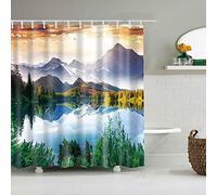 StoneMaxi Waterproof 180 x 180 Polyester Bathroom Shower Curtain Print Fabric With 12 Hooks, Multiple Designs Landscape with Anti-Mould Proof Resistant Machine Washable (Lakeside)