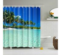 StoneMaxi Waterproof 180 x 180 Polyester Bathroom Shower Curtain Print Fabric With 12 Hooks, Multiple Designs Landscape with Anti-Mould Proof Resistant Machine Washable (Beach and Coconut Tree)