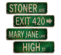 Stoner Avenue Street Sign 4 Signs of Exit 420 High St Mary Jane Lane Stoner Ave for Room Decor, Duplex Printing Waterproof Trippy Room Decor for Stoners, Vintage Rustic Retro Street Sign for