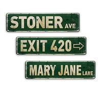 Stoner Avenue Street Sign,Vintage Metal Tin 3pcs Set with 4 Holes Mount,Waterproof and Rust-Resistant,Street Signs with UV Printing,Perfect 420 Decorations and Stoner Accessories(Pack of 3)