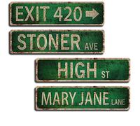 Stoner Avenue Street Sign,Vintage Metal Tin Road Sign for Bedroom,Room, Bar, Waterproof & Rust-Resistant with UV Printing,4 Signs of Exit 420 /High St /Mary Jane Lane /Stoner Ave(4-Pack)