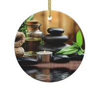 Stones And Spa Oil On The Wood Near A Pond Print Christmas Tree Ceramic Hanging Ornaments,Round Ceramic Decorations,For Home, Christmas