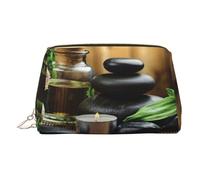 Stones and Spa Oil On The Wood Near A Pond Print Makeup Bag, Cosmetic Bag,Women Pu Leather Cosmetic Bags with Wrist Strap Travel Toiletry Pouch Makeup Bag