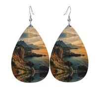 Stones Blue Sea Ocean Sunrise Mountain Print Teardrop Earrings For Women Leather Dangle Earrings Jewelry For Birthday Party Valentine