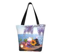 Stones With Candles Flower Fashion Canvas Tote Bag With All Over Print Design,Large Reusable Shopper Tote With Double Handles,Beach Tote, Weekend Bag