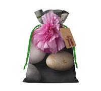 Stones with Pink Carnation Printed Christmas Drawstring Bags,M | Reusable Xmas Gift Storage Bags, Green Christmas Ribbon