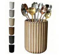 Stoneware Bar Utensil Holder for Coffee, Tea Spoon and Coffee Mixer for Blender, Straw, Teaspoon, Spoon, Cup, Small Vertical Stripe Fluted Utensil Pot (Brown