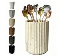 Stoneware Coffee Bar Utensil Holder Tea & Coffee Spoon & Stirrer Holder for Stir Stick Straw Teaspoon Holder Spoon Cup Small Utensil Jar Fluted Vertical Stripe (Speckled Beige)