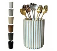 Stoneware Coffee Bar Utensil Holder Tea & Coffee Spoon & Stirrer Holder for Stir Stick Straw Teaspoon Holder Spoon Cup Small Utensil Jar Fluted Vertical Stripe (Retro White)