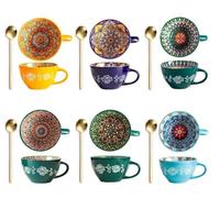 Stoneware Coffee Mug with Spoon, Stylish Bohemian 13.5oz/400ml Large Latte Mug, Handmade Colorful Mandala Tea Cup, Dishwasher & Microwave Safe Cappuccino Cup, Large Stoneware Soup with Handle Gift